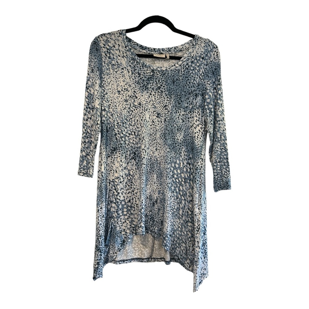 LOGO Lori Goldstein Printed Knit 3/4 Sleeve Hi Low Top Tunic A251171 Blue S